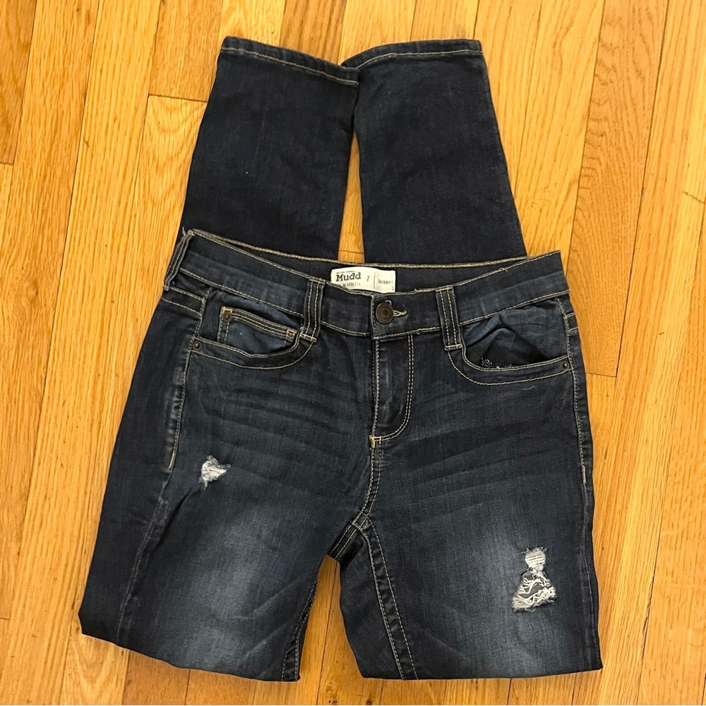 Mudd Dark Blue Distressed Jeans Stretch Flex size 7 juniors